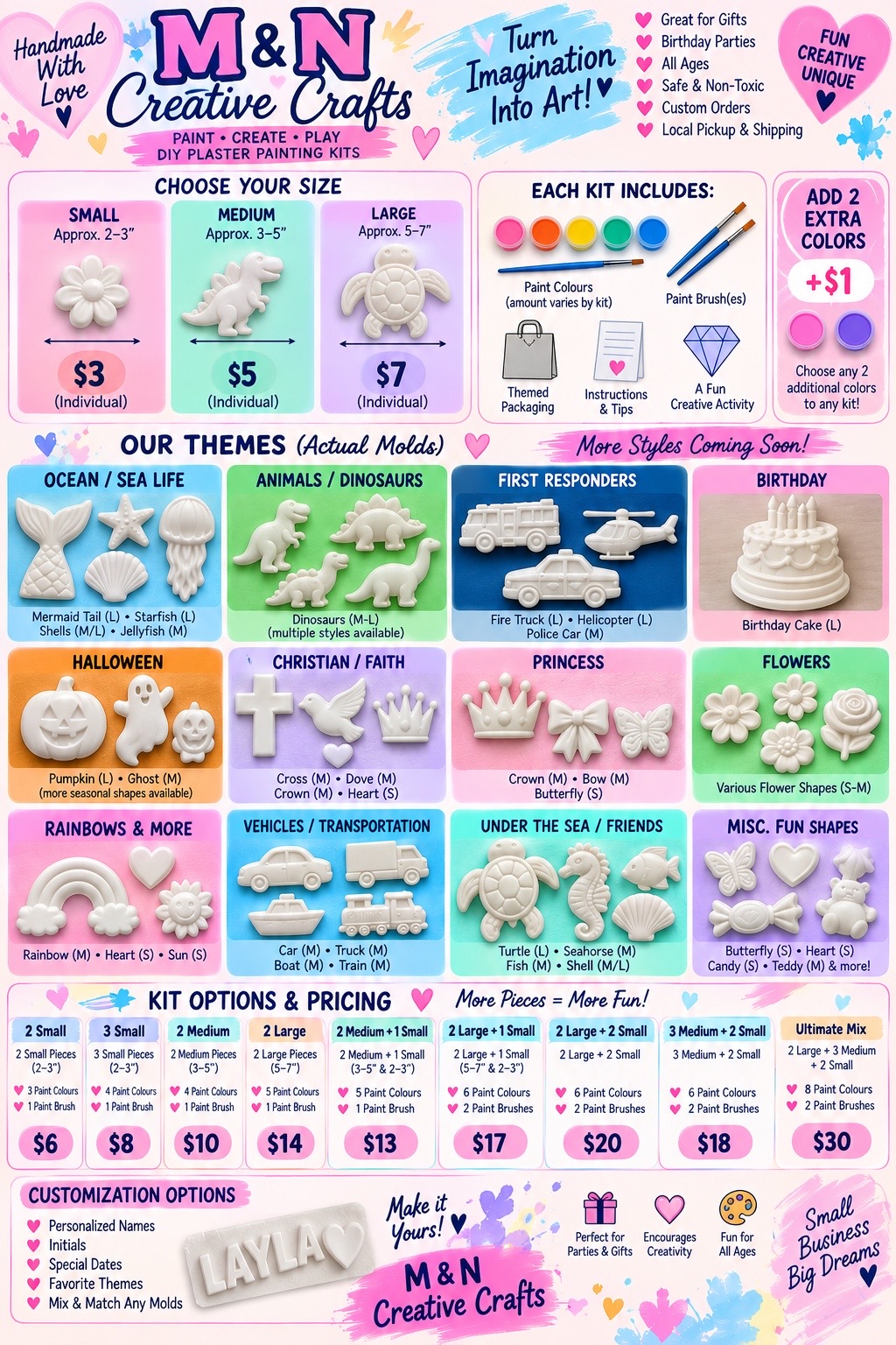 M & N Creative Crafts full pricing and mold menu